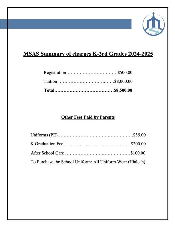 Tuition & Fees - K-3 MSAS 2024-2025